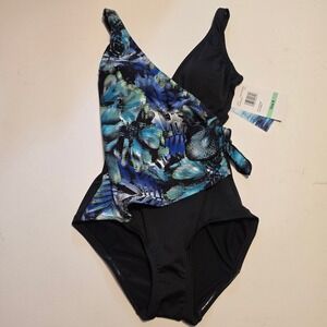Gabar Floral Surplice One Piece Swimsuit Black Blue Green Size 8 NWT